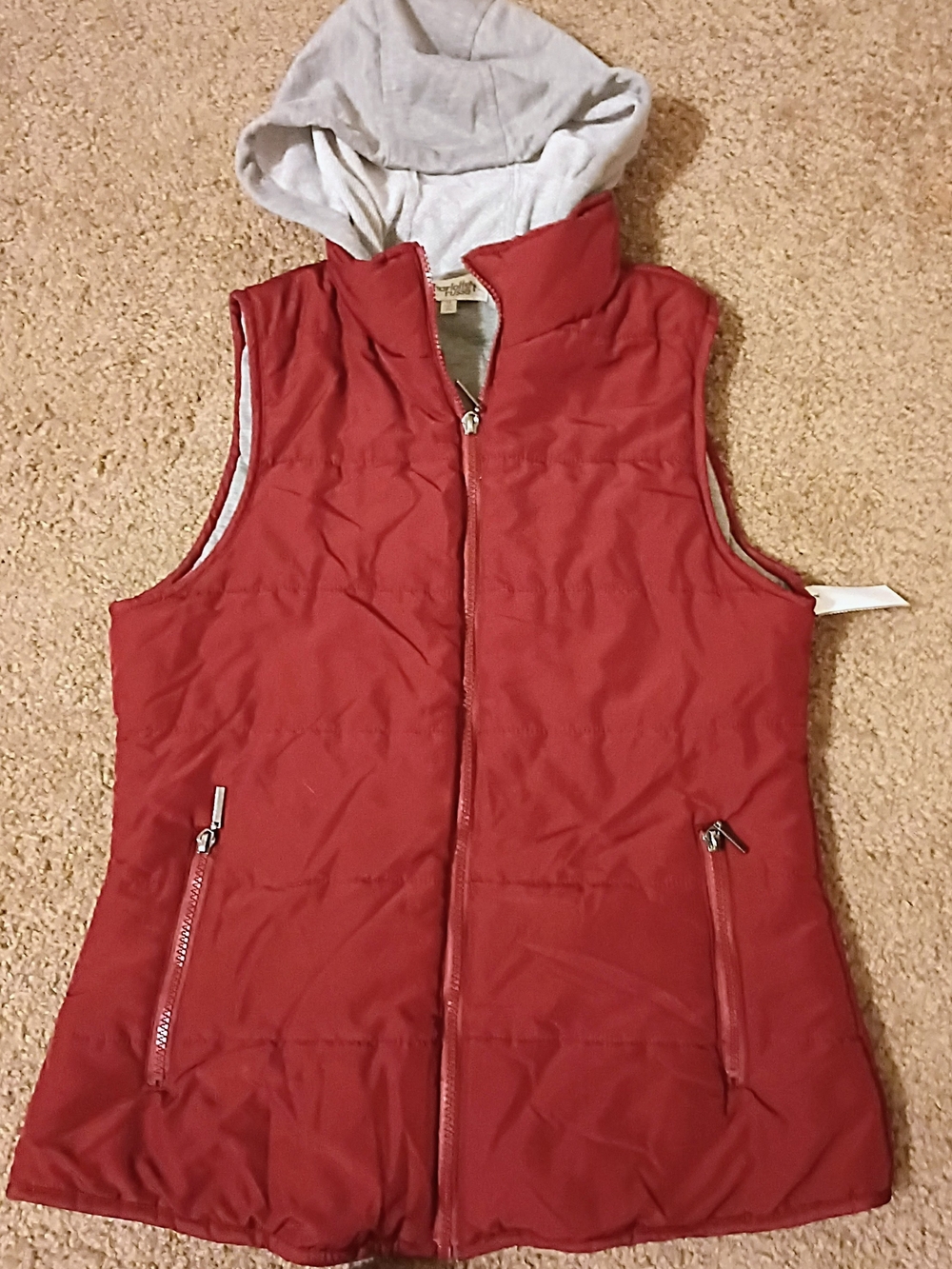 Charlotte Russe Red Quilted Vest with Gray Hood Lining
